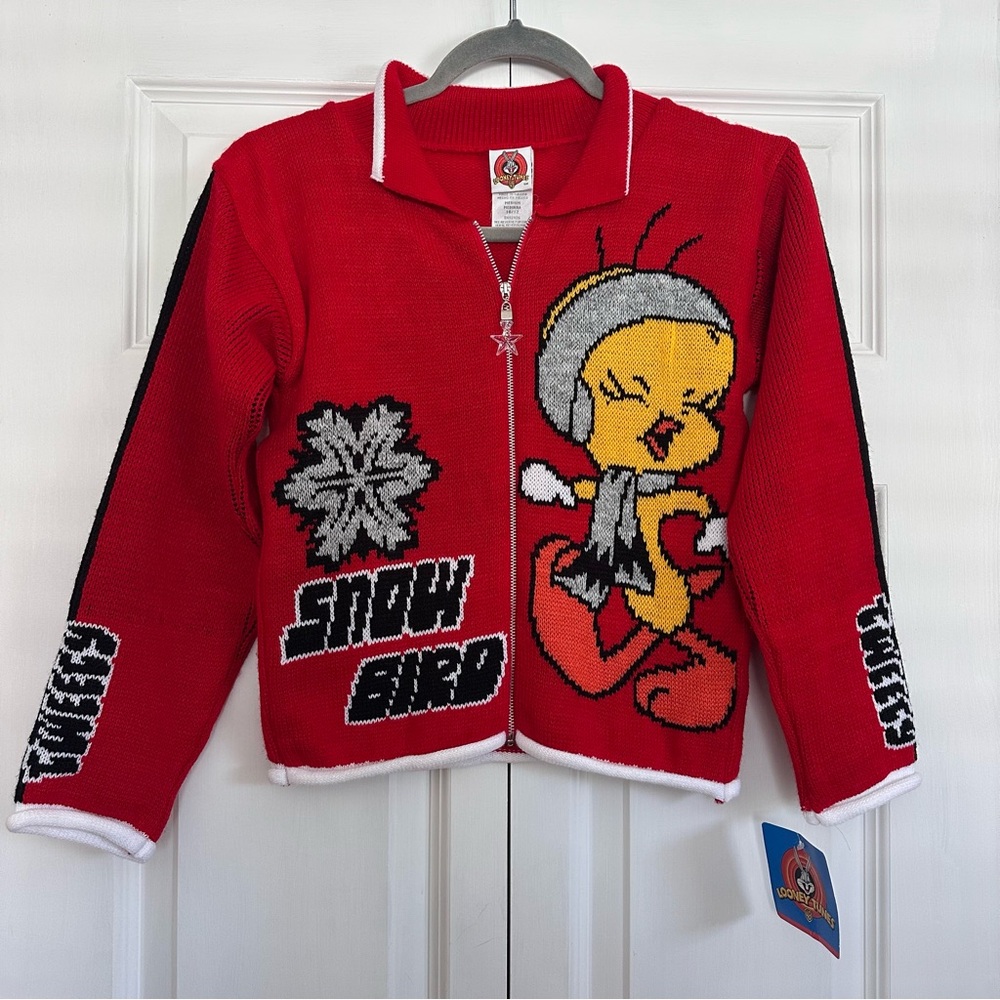 Vintage Looney Tunes Tweety Bird “Snow Bird” Red Zip-up Sweater